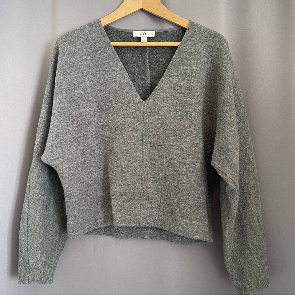 COS Gray V-Neck Wool Blend Sweater